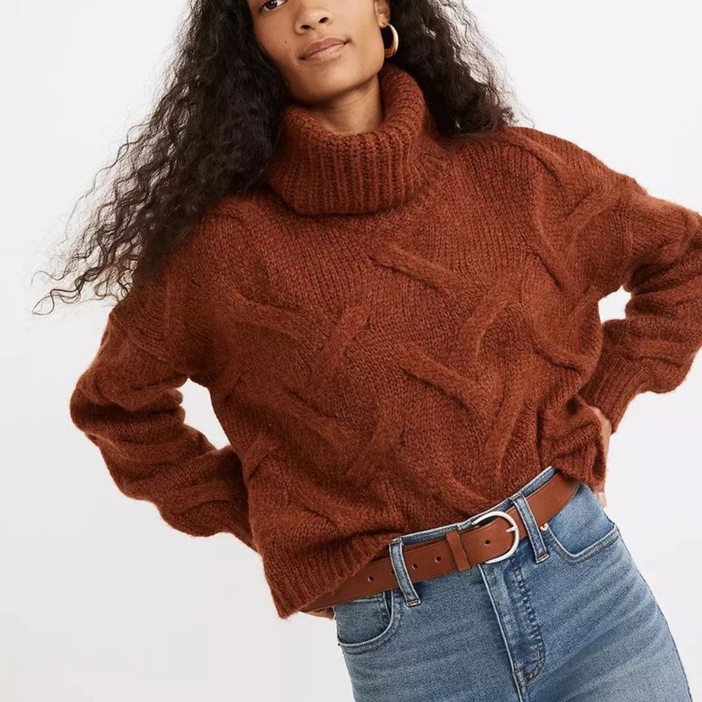 NWOT Madewell Somervell Modern Cable Turtleneck Sweater, L, heather cinnabar
